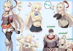 Rule 34 | 1boy, 2girls, afrody, ahoge, arm behind back, armor, black hair, black pantyhose, black skirt, blonde hair, blue bow, blue bowtie, bow, bowtie, breastplate, breasts, character request, closed eyes, closed mouth, commentary request, cowboy shot, crossed arms, double v, full armor, gauntlets, green eyes, grin, guardian tales, hand on another&#039;s shoulder, height difference, helmet, highres, long hair, long sleeves, looking at viewer, medium breasts, multiple girls, notice lines, open mouth, own hands together, pantyhose, pauldrons, pleated skirt, shirt, short hair, shoulder armor, skirt, smile, solid oval eyes, spoken object, star (symbol), sweat, v, white shirt, yellow shirt