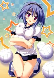 Rule 34 | 1girl, absurdres, ahoge, aqua background, ball, blouse, blue background, blue hair, blush, breasts, breasts apart, buruma, checkered background, covered erect nipples, eyebrows, full body, gradient background, green background, gym uniform, hair between eyes, head tilt, hello good-bye, highres, holding, holding ball, knees together feet apart, large breasts, loose socks, moekibara fumitake, multiple balls, no bra, open mouth, saotome suguri, shirt, socks, solo, star (symbol), t-shirt, volleyball (object), white shirt, white socks