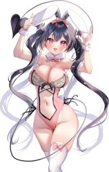 Rule 34 | 1girl, animal ears, ayuma sayu, black hair, bow, bowtie, breasts, commentary request, demon tail, fake animal ears, head wings, highres, large breasts, long hair, looking at viewer, navel, open mouth, original, pink bow, pink bowtie, pink eyes, rabbit ears, simple background, smile, solo, standing, tail, thighhighs, thighs, twintails, white background, white thighhighs, wings