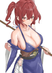 Rule 34 | 1girl, absurdres, bare shoulders, blush, breasts, cleavage, closed mouth, coin, collarbone, dress, hair bobbles, hair ornament, highres, holding, holding scythe, kuraki, large breasts, looking at viewer, obi, off shoulder, onozuka komachi, red eyes, red hair, sash, scythe, smile, solo, touhou, twintails, two side up, white background