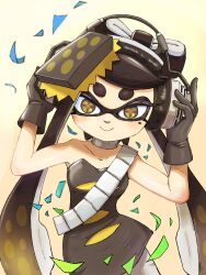 Rule 34 | 1girl, bare shoulders, black dress, black gloves, black hair, blonde hair, bow-shaped hair, callie (splatoon), closed mouth, collarbone, commentary request, dress, food, food on head, gloves, gradient background, gradient hair, headphones, highres, inkling, long hair, looking at viewer, mole, mole under eye, multicolored hair, nintendo, object on head, pointy ears, smile, solo, splatoon (series), splatoon 1, star-shaped pupils, star (symbol), strapless, strapless dress, sushi, symbol-shaped pupils, tara sli, tentacle hair, thick eyebrows, two-tone hair, white background, yellow eyes