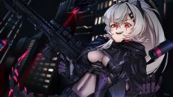 Rule 34 | 1girl, black gloves, building, gloves, grey hair, gun, hair ornament, hairclip, holding, holding gun, holding weapon, indie virtual youtuber, long hair, looking at viewer, navel, open mouth, optionaltypo, ponytail, red eyes, saruei (vtuber), scar, scar across eye, scar on face, shadow, smile, solo, upper body, virtual youtuber, weapon