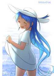 Rule 34 | 1girl, alternate costume, blue hair, closed eyes, dress, from below, gradient hair, hat, kantai collection, long hair, multicolored hair, one-hour drawing challenge, ray.s, samidare (kancolle), skirt hold, smile, solo, sun hat, swept bangs, twitter username, very long hair, white dress, white hat
