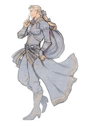 Rule 34 | 1boy, armor, blonde hair, boots, breastplate, cape, cowboy boots, edgar roni figaro, final fantasy, final fantasy vi, from side, full body, hair ribbon, long hair, long sleeves, male focus, mzochi, pants, pauldrons, ponytail, ribbon, shoulder armor, simple background, solo, vambraces, white background