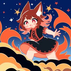 Rule 34 | 1girl, :d, absurdres, animal ears, black dress, blush, blush stickers, brown hair, changkiwi, dress, fang, fire, highres, long hair, looking at viewer, open mouth, red eyes, red hair, short sleeves, sky, smile, solo, star (sky), starry sky