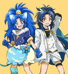 Rule 34 | 10s, 1boy, 1girl, :d, absurdres, animal ears, anri (kuro 89 428), blue bow, blue eyes, blue gloves, blue hair, blue neckwear, blue shirt, blue skirt, blue thighhighs, bow, choker, clenched hand, cowboy shot, crossover, crown, cure gelato, feathers, gloves, highres, jacket, kirakira precure a la mode, layered skirt, lion ears, lion tail, long hair, looking at viewer, magical girl, mini crown, open mouth, parted bangs, precure, shirt, shorts, simple background, single thighhigh, skirt, smile, standing, taikogane sadamune, tail, tategami aoi, thighhighs, touken ranbu, white jacket, white shirt, white shorts, white skirt, yellow background, yellow eyes