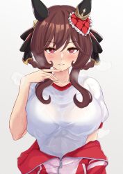 Rule 34 | 1girl, animal ears, arm at side, blush, braid, breasts, brown hair, collarbone, commentary request, ear ornament, finger to own chin, gentildonna (umamusume), grey background, gym shirt, hair ornament, highres, horse ears, horse girl, jacket, jacket partially removed, large breasts, medium hair, parted lips, rapana p, red eyes, red jacket, shirt, short sleeves, sidelocks, simple background, solo, sportswear, steam, steaming body, sweat, sweaty clothes, t-shirt, twin braids, umamusume, upper body
