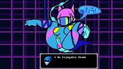 Rule 34 | 1girl, ahoge, bayaverse, black hair, blonde hair, blue skin, breasts, candykanna, colored nipples, colored skin, deltarune, deltarune chapter 2, dialogue box, dragon girl, dragon horns, dragon tail, flat color, forced, futanari, highres, horns, hypnosis, kanna kobayashi, large areolae, large breasts, lizard tail, mind control, non-web source, pink hair, queen (deltarune), scared, simple background, simple eyes, split hair, tail, talking, testicles, text box, trans woman, transformation, werewire, wire, yellow nipples