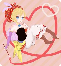 Rule 34 | 1girl, :o, armband, baggy pants, bare shoulders, blonde hair, blue eyes, boots, final fantasy, final fantasy vi, floating, frown, full body, hat, hat ornament, heart, holding, jewelry, necklace, paintbrush, pants, pointing, pointing at self, relm arrowny, solo, striped background