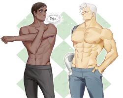Rule 34 | 2boys, abs, alleveolive, bara, black hair, black pants, blush, couple, curtis (voltron), dark-skinned male, dark skin, grey pants, hand in pocket, large pectorals, looking at another, male focus, mechanical arms, multiple boys, muscular, muscular male, navel, nipples, pants, pectorals, scar, scar on face, scar on nose, short hair, single mechanical arm, takashi shirogane, translation request, voltron: legendary defender, voltron (series), white hair, yaoi