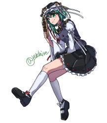 Rule 34 | 1girl, asymmetrical hair, black footwear, black hat, black skirt, blush, bow, breasts, buttons, closed mouth, commentary request, epaulettes, frilled hat, frills, full body, green eyes, green hair, grey vest, hair between eyes, hat, highres, long sleeves, looking at viewer, mary janes, one-hour drawing challenge, red bow, renshirenji, ribbon-trimmed skirt, ribbon trim, rod of remorse, shiki eiki, shirt, shoes, short hair, simple background, skirt, sleeve bow, small breasts, smile, socks, solo, touhou, twitter username, vest, white background, white bow, white shirt, white socks, wide sleeves