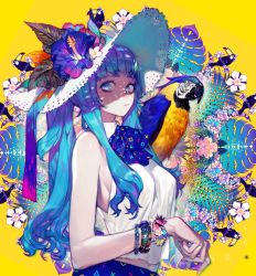 Rule 34 | 1girl, absurdres, animal, animal on shoulder, aqua eyes, bare arms, bare shoulders, bird, blue bow, blue eyes, blue hair, bow, bracelet, breasts, circle, closed mouth, cross, flower, from side, hat, hat flower, heart, heart-shaped pupils, highres, jewelry, long hair, looking at viewer, medium breasts, nail polish, original, parrot, pigeon666, pink flower, purple flower, red flower, shirt, simple background, sleeveless, solo, straw hat, sun hat, symbol-shaped pupils, thick eyebrows, toucan, triangle, upper body, white flower, white hat, white shirt, yellow background