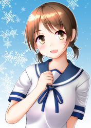 Rule 34 | 1girl, :d, blue background, blue ribbon, blue sailor collar, blush, brown eyes, brown hair, collarbone, commentary request, gradient background, hair tie, hand up, head tilt, highres, kantai collection, kazuki ena, looking to the side, low twintails, neck ribbon, open mouth, ribbon, sailor collar, school uniform, serafuku, shirayuki (kancolle), short sleeves, short twintails, smile, snowflake background, solo, swept bangs, twintails, upper body