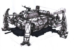 Rule 34 | alternate universe, cannon, chenlongque, commentary, concept art, damaged, dirty, drum (container), english commentary, exhaust, fuel, gun, highres, light, machine gun, machinery, marker (medium), mecha, military vehicle, monochrome, motor vehicle, original, redesign, robot, science fiction, shadow, sketch, smoke, soviet army, spider tank, t-34, t-34-85, tank, traditional media, turret, walker (robot), weapon, world war ii