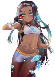 Rule 34 | 1girl, bad id, bad twitter id, bare arms, bare shoulders, black gloves, black hair, blue eyes, breasts, bubble, creatures (company), crop top, dark-skinned female, dark skin, forehead, game freak, gloves, gym leader, hanato (seonoaiko), hand up, highres, holding, jewelry, leg up, long hair, looking at viewer, medium breasts, midriff, multicolored hair, navel, necklace, nessa (pokemon), nintendo, parted lips, partially fingerless gloves, poke ball, poke ball (basic), pokemon, pokemon swsh, sleeveless, solo, stomach, sweatband, thighs, twitter username, very long hair
