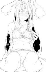 Rule 34 | 1girl, animal ears, bad id, bad twitter id, blush, bra, breasts, cleavage, closed mouth, collarbone, embarrassed, full-face blush, greyscale, hi you (flying bear), highres, long hair, looking at viewer, medium breasts, monochrome, navel, off shoulder, open clothes, open shirt, panties, rabbit ears, reisen udongein inaba, shirt, short hair, sitting, stomach, touhou, underwear