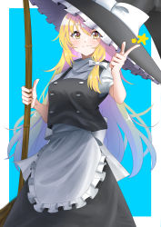 Rule 34 | absurdres, apron, black dress, blonde hair, blue background, blush, border, bow, breasts, broom, buttons, closed mouth, dress, hair bow, hat, hat bow, highres, holding, holding broom, kirisame marisa, kyou (kyouillust), long hair, medium breasts, short sleeves, smile, solo, touhou, waist apron, white border, white bow, witch hat, yellow eyes