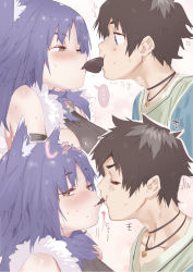 Rule 34 | 1boy, 1girl, animal ear fluff, animal ears, armband, belt, belt buckle, blue hair, blurry, blush, breasts, brown eyes, buckle, candy, chocolate, chocolate heart, collar, commentary request, cutoffs, denim, denim shorts, embarrassed, food, food in mouth, heart, highres, karochii, kiss, latex, makoto (princess connect!), metal collar, mouth hold, princess connect!, purple hair, shared food, shirt, short shorts, shorts, sideboob, surprised, sweat, tail, wavy mouth, yuuki (princess connect!)