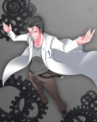 Rule 34 | 1boy, full body, gradient background, lab coat, male focus, ment, short hair, solo, steins;gate