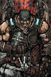 Rule 34 | 2boys, arm around neck, armor, bandana, dog tags, evil grin, evil smile, gears of war, gesture, grin, gun, lancer (gears of war), locust (gears of war), looking at viewer, male focus, marcus fenix, monster boy, moto murabito, multiple boys, muscular, smile, v, weapon
