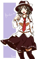 Rule 34 | 1girl, bad id, bad pixiv id, black eyes, black hair, bow, character name, drink, hair bow, hat, highres, necktie, open mouth, ribbon, short hair, sketch, skirt, solo, syn, touhou, usami renko