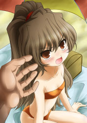 Rule 34 | 00s, 1girl, aisaka taiga, angry, bandeau, bikini, blush, brown eyes, brown hair, flat chest, highres, long hair, open mouth, outstretched hand, ponytail, pov, ranshin, reaching, sitting, solo focus, strapless, swimsuit, toradora!, tube top