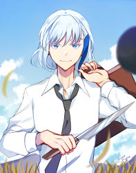 Rule 34 | 1boy, black necktie, blue eyes, blue hair, blue sky, briefcase, closed mouth, grass, highres, holding, holding briefcase, holding knife, khun aguero agnis, knife, looking at viewer, medium hair, necktie, outdoors, piyuka piyo, polo shirt, shirt, sky, smile, solo, tower of god, white shirt