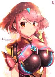 Rule 34 | 1girl, armor, artist logo, artist name, blush, breasts, chinchongcha, glowing, hair ornament, headpiece, highres, large breasts, lens flare, looking at viewer, nintendo, one-piece swimsuit, ponytail, pyra (xenoblade), red eyes, red hair, short hair, simple background, smile, solo, swimsuit, tiara, xenoblade chronicles (series), xenoblade chronicles 2, xenoblade chronicles (series), xenoblade chronicles 2