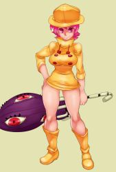 Rule 34 | 1girl, bad id, bad tumblr id, boots, breasts, closed umbrella, gonzozeppeli, hand on own hip, hat, hungern (skullgirls), large breasts, aged up, pink eyes, pink hair, rubber boots, raincoat, rubber boots, short hair, skullgirls, narrow waist, smile, thighs, umbrella, umbrella (skullgirls), undersized clothes, weapon