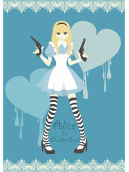 Rule 34 | alice (alice in wonderland), alice in wonderland, apron, dress, gun, hairband, high heels, shoes, solo, striped clothes, striped thighhighs, thighhighs, weapon