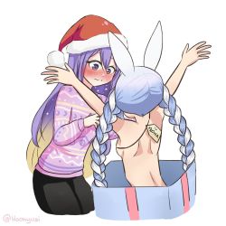 Rule 34 | 2girls, alternate costume, animal ears, arms up, backboob, black pants, blonde hair, blue hair, blush, box, braid, breasts, casual, cropped legs, embarrassed, eyelashes, from behind, gift, gift tag, gradient hair, hat, highres, hololive, hololive indonesia, hoonyusi, in box, in container, long hair, looking down, moona hoshinova, multicolored hair, multiple girls, nude, opening, pants, purple eyes, purple hair, rabbit ears, rabbit girl, santa hat, simple background, starry hair, sweater, twin braids, twintails, twitter username, two-tone hair, usada pekora, very long hair, virtual youtuber, white background, yuri