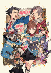 Rule 34 | 3boys, 5girls, ace attorney, ace attorney investigations, ahoge, ascot, beads, belt pouch, black dress, black gloves, black hair, blonde hair, blue cape, blue headwear, blue jacket, blunt bangs, blush stickers, boots, bow, bow-shaped hair, bowtie, breasts, brown hair, brown vest, cape, chinese commentary, cleavage, closed mouth, collared shirt, commentary, copyright name, cousins, dress, drill hair, english text, faceless, faceless female, faceless male, formal, frilled gloves, frills, gloves, goggles, goggles around neck, goggles on head, grey eyes, grey gloves, grey hair, hair intakes, hair ornament, hair rings, hands on own face, hanten (clothes), hat, heart, heart pouch, herlock sholmes, high ponytail, holding, holding clothes, holding hat, holding wand, iris wilson, jacket, japanese clothes, jewelry, kay faraday, key hair ornament, kimono, knee boots, long hair, looking ahead, looking at viewer, magatama, magatama necklace, maya fey, medium breasts, miles edgeworth, multiple boys, multiple girls, neck ribbon, necklace, necktie, one eye closed, open mouth, parted bangs, parted lips, pearl fey, phoenix wright, pink hair, pink jacket, pointing, pointing to the side, pouch, puffy sleeves, purple hair, purple jacket, red jacket, red necktie, red ribbon, red sash, red scarf, ribbon, romaji text, sash, scarf, shirt, short hair, sidelocks, spade (shape), speech bubble, spiked hair, starshadowmagician, steel samurai, strapless, strapless dress, stuffed animal, stuffed koala, stuffed toy, swept bangs, teeth, the great ace attorney, top hat, trucy wright, twintails, vest, wand, white footwear, white kimono, white shirt, yellow bow, yellow bowtie