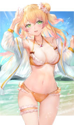 Rule 34 | 1girl, :d, bare shoulders, bikini, blonde hair, blush, breasts, bridal garter, cleavage, collarbone, day, double bun, fang, frilled bikini, frills, gluteal fold, gradient hair, green eyes, hair bun, heart, heart necklace, himonoata, hololive, jacket, jewelry, long hair, long sleeves, looking at viewer, momosuzu nene, multicolored hair, nail polish, navel, necklace, open clothes, open jacket, open mouth, orange bikini, orange nails, outdoors, pink hair, smile, solo, stomach, swimsuit, thigh gap, track jacket, two side up, virtual youtuber, water, white jacket