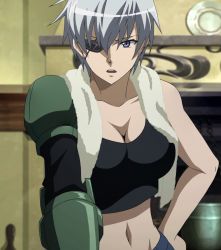 Rule 34 | 10s, 1girl, akame ga kill!, breasts, eyepatch, highres, large breasts, najenda, purple eyes, shorts, solo, standing, stitched, third-party edit, white hair