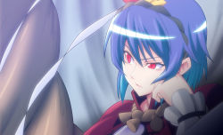 Rule 34 | 1girl, anime coloring, blue hair, female focus, h-new, hand on own cheek, hand on own face, red eyes, rope, shimenawa, short hair, slit pupils, solo, touhou, yasaka kanako