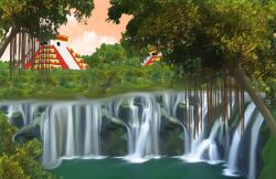 Rule 34 | jungle, mayan, mayan mythology, nature, plant, pyramid (structure), river, tree, water, waterfall