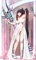 1girl absurdres architect_(girls&#039;_frontline) armlet asymmetrical_clothes black_hair blush bracelet breasts bridal_garter bridal_veil closed_mouth commentary_request covered_navel detached_sleeves dress earrings fingernails full_body girls&#039;_frontline goliath_(girls&#039;_frontline) hair_ornament high_heels highres holding holding_own_hair jewelry leotard long_fingernails long_hair looking_at_viewer one_side_up paid_reward_available pink_eyes pink_nails popoman rocket_launcher sangvis_ferri sarong single_detached_sleeve single_thighhigh smile solo standing thighhighs v veil very_long_hair weapon wedding_dress white_footwear white_leotard white_thighhighs winged_footwear