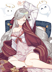 Rule 34 | 1girl, absurdly long hair, absurdres, arm over head, artist name, bare legs, bare shoulders, benghuai xueyuan, character request, closed eyes, closed mouth, collarbone, feet out of frame, forehead, frilled sleeves, frills, ghost, grey hair, highres, honkai (series), honkai impact 3rd, long hair, long sleeves, off shoulder, parted bangs, rainbow gradient, sitting, smile, solo, very long hair, vierzeck, white background, wide sleeves