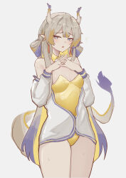 Rule 34 | 1girl, absurdres, alternate costume, arknights, averting eyes, bare shoulders, blonde hair, blue eyes, blush, breasts, commentary, cowboy shot, detached collar, dragon girl, dragon horns, dragon tail, earrings, embarrassed, english commentary, grey background, grey hair, grey horns, grey jacket, grey tail, hands up, highres, horns, interlocked fingers, jacket, jewelry, leotard, long hair, long sleeves, medium breasts, multicolored hair, notice lines, off shoulder, open mouth, own hands together, pointy ears, purple hair, purple horns, purple tail, shu (arknights), simple background, sketch, solo, standing, tail, very long hair, wawamachi (wawamachis), yellow horns, yellow leotard, yellow tail