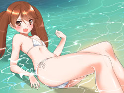 Rule 34 | &gt;:d, 10s, 1girl, :d, bare arms, bare legs, bare shoulders, bikini, blush, brown eyes, brown hair, fang, flat chest, hair between eyes, highres, kantai collection, lying, micro bikini, nebusoku, on back, open mouth, partially submerged, ryuujou (kancolle), sand, side-tie bikini bottom, smile, solo, stomach, swimsuit, thighs, v-shaped eyebrows, water, wet, white bikini