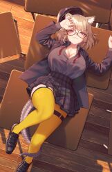 Rule 34 | 1girl, animal ears, arknights, arms up, black-framed eyewear, black footwear, black jacket, black shirt, black skirt, breasts, brown hair, cleavage, desk, garter straps, glasses, highres, indoors, jacket, large breasts, light, looking at viewer, lying, medium hair, megalateo, neck ribbon, official alternate costume, on back, on desk, open clothes, open jacket, plaid, plaid skirt, purple eyes, red ribbon, ribbon, semi-rimless eyewear, shadow, shirt, shoes, skirt, solo, tail around own leg, thighhighs, thighs, under-rim eyewear, undone neck ribbon, utage (arknights), utage (disguise) (arknights), yellow thighhighs
