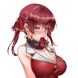 Rule 34 | 1girl, blush, breasts, brooch, choker, cleavage, clothes lift, commentary request, frilled choker, frills, hair ribbon, henshako, heterochromia, highres, hololive, houshou marine, houshou marine (1st costume), jewelry, large breasts, red hair, red ribbon, ribbon, ribbon choker, simple background, sleeveless, sleeveless jacket, solo, twintails, upper body, virtual youtuber, white background