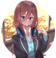 Rule 34 | 1girl, absurdres, blue eyes, blush, breasts, brown hair, closed mouth, commentary request, go-toubun no hanayome, hair between eyes, headphones, headphones around neck, highres, large breasts, long hair, long sleeves, looking at viewer, nakano miku, ranf, shirt, smile, solo, white shirt