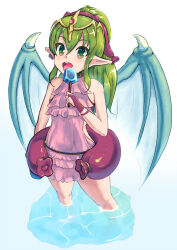 Rule 34 | 1girl, absurdres, armpit crease, bandages, blue background, commentary, crossed bangs, dot nose, double-parted bangs, dragon wings, dress, eating, english commentary, fire emblem, fire emblem: shadow dragon, food, frilled dress, frills, gem, gradient background, green eyes, green hair, hair between eyes, headband, highres, ice cream, keldancon, long hair, looking at viewer, nintendo, open mouth, partially submerged, pink dress, pointy ears, ponytail, red gemstone, red headband, side slit, sidelocks, simple background, sleeveless, sleeveless dress, solo, teeth, tiara, tiki (fire emblem), tiki (young) (fire emblem), upper teeth only, water, white background, wings