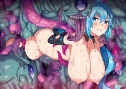 Rule 34 | 1girl, arms behind back, black gloves, black thighhighs, blue eyes, blue hair, blush, breasts, censored, character request, clenched teeth, copyright request, elbow gloves, erection, gloves, hair ornament, hanging breasts, hetero, horosuke, imminent penetration, large breasts, long hair, monster, mosaic censoring, multiple boys, multiple penises, nipples, nude, open mouth, penis, ponytail, restrained, sidelocks, sweat, teeth, tentacles, thighhighs, tongue, tongue out