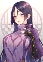 Rule 34 | 1girl, arm guards, black gloves, blush, bodysuit, breasts, commentary request, fate/grand order, fate (series), fingerless gloves, gloves, gradient background, grey background, hand on own chest, highres, large breasts, long hair, looking at viewer, minamoto no raikou (fate), parted bangs, parted lips, pink lips, puffy sleeves, purple bodysuit, purple eyes, purple hair, red ribbon, ribbon, ripu (sherypton), signature, solo, straight hair, upper body