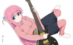 Rule 34 | 1girl, blue eyes, blush, bocchi the rock!, closed mouth, cube hair ornament, electric guitar, full body, gibson les paul, gotoh hitori, guitar, hair between eyes, hair ornament, highres, holding, holding instrument, instrument, jacket, long hair, long sleeves, looking at viewer, one side up, pants, pants under skirt, pink hair, pink jacket, pink pants, pleated skirt, simple background, sitting, skirt, solo, track jacket, white background, zud (stooo)