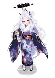 Rule 34 | 1girl, alternate costume, beko (beco 1122), blue archive, closed mouth, commentary request, demon horns, floral print, flower, full body, fur-trimmed kimono, fur trim, hair bun, hair flower, hair ornament, hairclip, halo, head tilt, highres, hina (blue archive), horns, japanese clothes, kimono, long hair, long sleeves, looking at viewer, obi, obiage, obijime, omikuji, parted bangs, purple eyes, purple flower, sandals, sash, simple background, solo, standing, tabi, very long hair, white background, white hair, wide sleeves, zouri