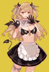 Rule 34 | 1girl, :d, apron, black gloves, black skirt, blonde hair, bow, bowtie, breasts, chocoan, cleavage, commentary, cowboy shot, crop top, demon girl, demon horns, demon tail, demon wings, fang, gloves, hair ornament, hair ribbon, highres, horns, long hair, maid, maid apron, medium breasts, midriff, miniskirt, mole, mole on breast, mole under eye, o-ring, ok sign, open mouth, original, revealing clothes, ribbon, simple background, skirt, sleeveless, smile, solo, symbol-only commentary, tail, two side up, waist apron, wings, x hair ornament, yellow background, yellow eyes