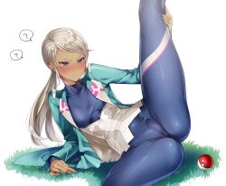 Rule 34 | 10s, 1girl, ?, arm support, blanche (pokemon), blue eyes, blush, bodysuit, breasts, cameltoe, closed mouth, collarbone, commentary request, covered erect nipples, creatures (company), dark-skinned female, dark skin, expressionless, game freak, grass, green jacket, hizuki akira, jacket, leg lift, long sleeves, low ponytail, lying, medium breasts, nintendo, on side, open clothes, open jacket, plant, poke ball, pokemon, pokemon go, silver hair, skin tight, solo, spoken question mark, spread legs, stretching